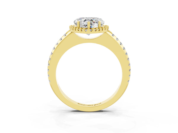 Yellow gold Heart Cut Moissanite Pavé Halo Ring with Four-Prong Setting