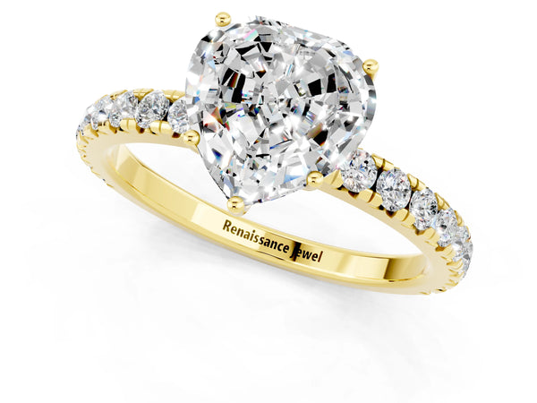 Yellow gold Heart Cut Moissanite Pavé Solitaire Engagement Ring with Four-Prong Setting