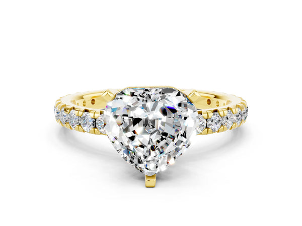 Yellow gold Heart Cut Moissanite Pavé Solitaire Ring with Round Band and Prong Setting