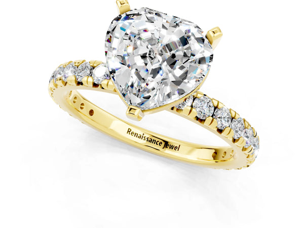 Yellow gold Heart Cut Moissanite Pavé Solitaire Ring with Round Band and Prong Setting