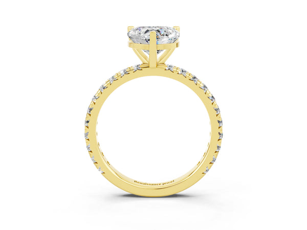 Yellow gold Heart Cut Moissanite Pavé Solitaire Ring with Round Band and Prong Setting