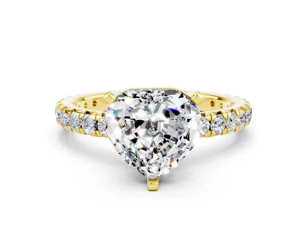 Yellow gold Heart Cut Moissanite Pavé Solitaire Ring with Round Band and Prong Setting
