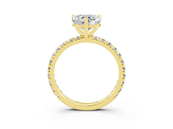 Yellow gold Heart Cut Moissanite Pavé Solitaire Ring with Round Band and Prong Setting