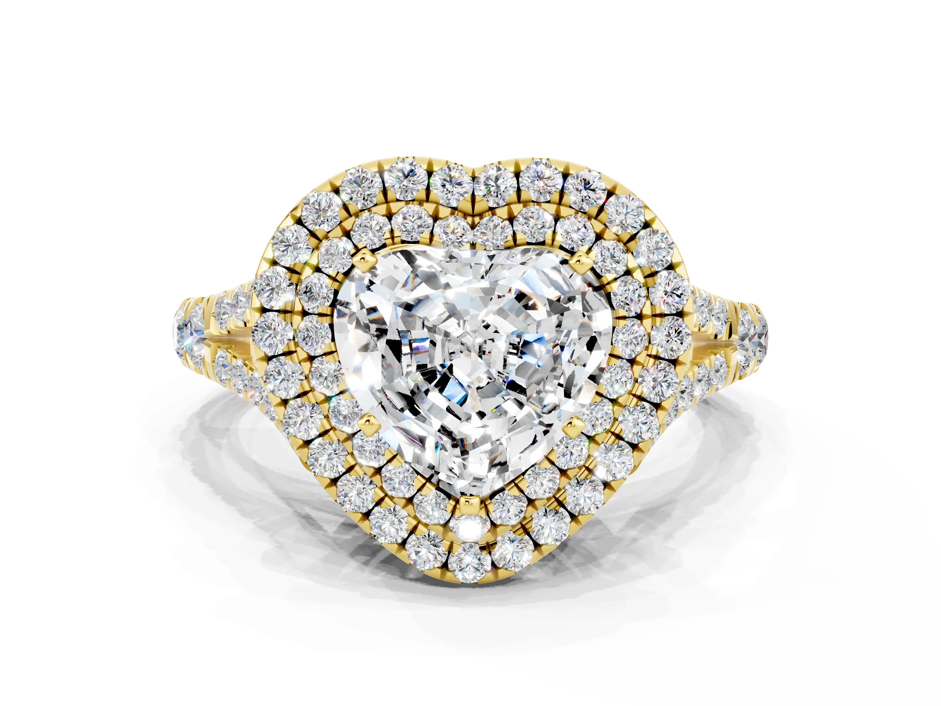 Yellow gold Heart Cut Moissanite Pavé Split Shank Double Halo Engagement Ring