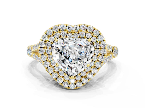 Yellow gold Heart Cut Moissanite Pavé Split Shank Double Halo Engagement Ring