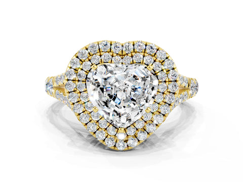 Yellow gold Heart Cut Moissanite Pavé Split Shank Double Halo Engagement Ring