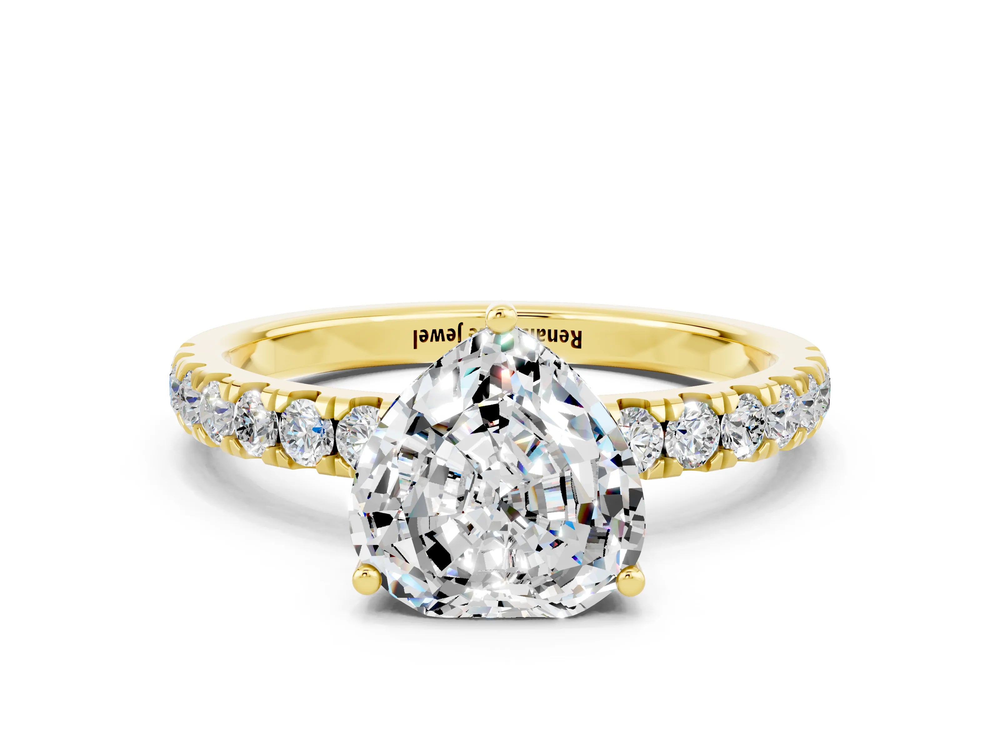 Yellow gold Heart Cut Moissanite Pave Band Solitaire Ring with Four-Prong Setting_24