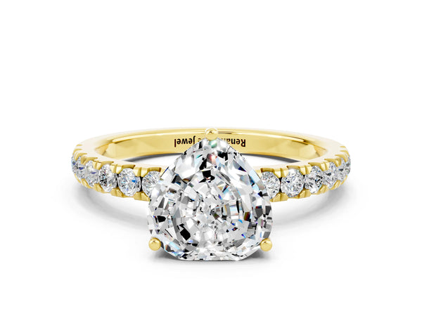 Yellow gold Heart Cut Moissanite Pave Band Solitaire Ring with Round  and Prong Setting