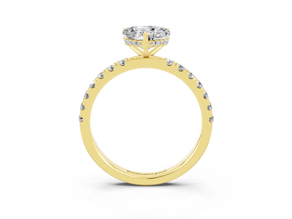 Yellow gold Heart Cut Moissanite Pave Band Solitaire Ring with Round  and Prong Setting