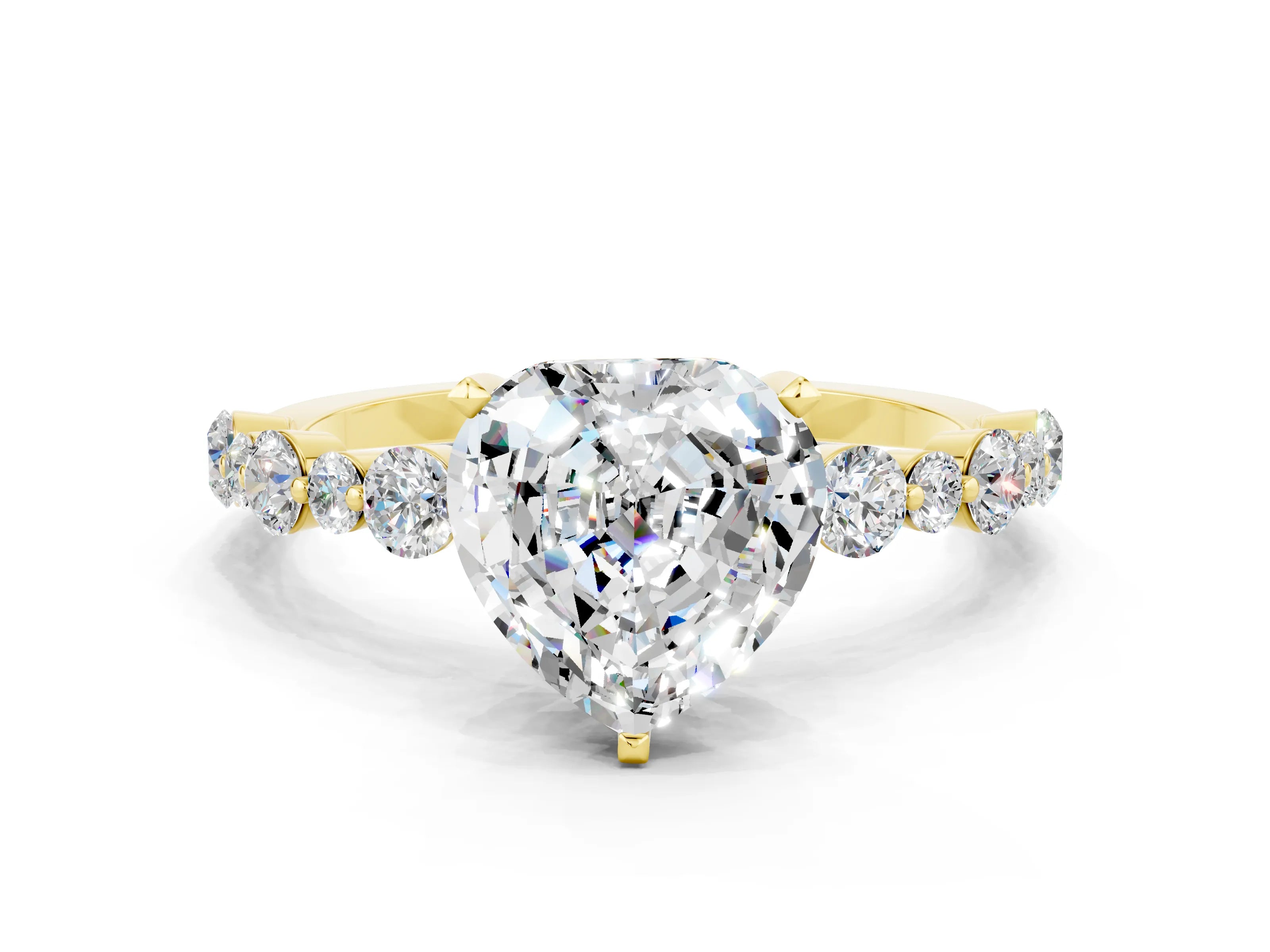 Yellow gold Heart Cut Moissanite Prong Set Engagement Ring with Pavé Band