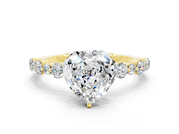 Yellow gold Heart Cut Moissanite Prong Set Engagement Ring with Pavé Band