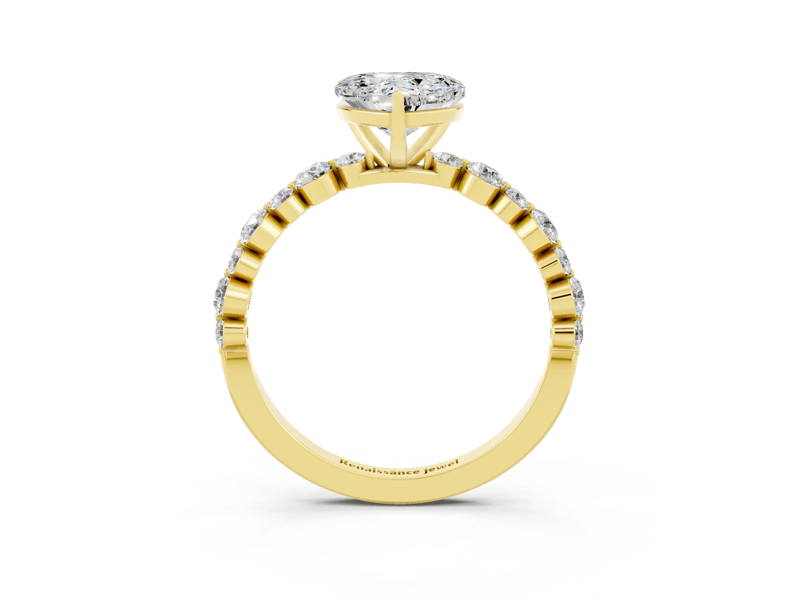 Yellow gold Heart Cut Moissanite Prong Set Engagement Ring with Pavé Band_3