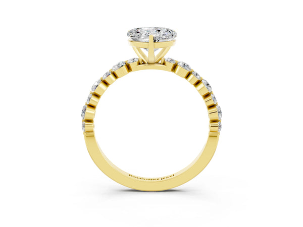 Yellow gold Heart Cut Moissanite Prong Set Engagement Ring with Pavé Band