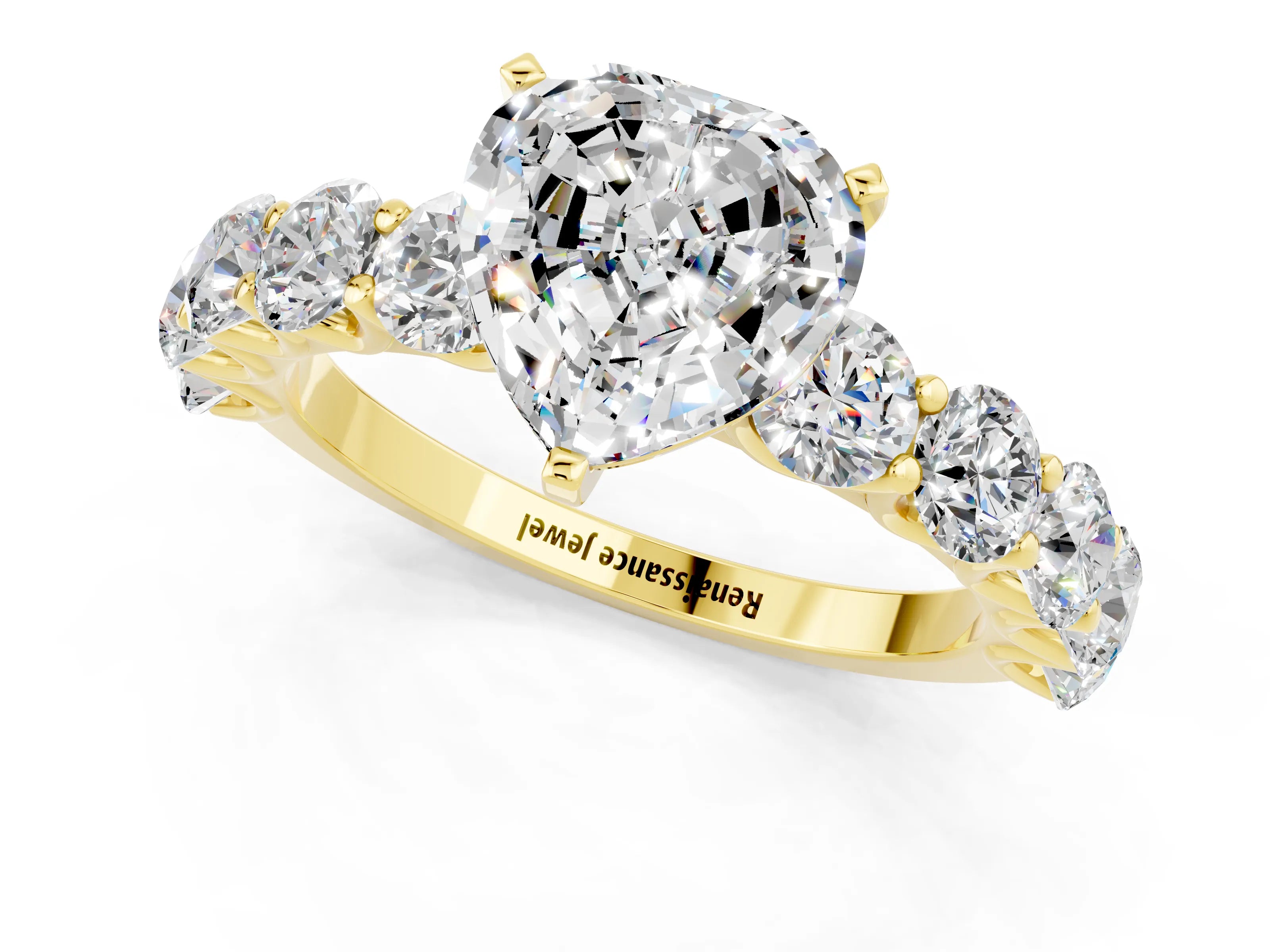 Yellow gold Heart Cut Moissanite Prong Setting with Side Stones on a Pave Band_1