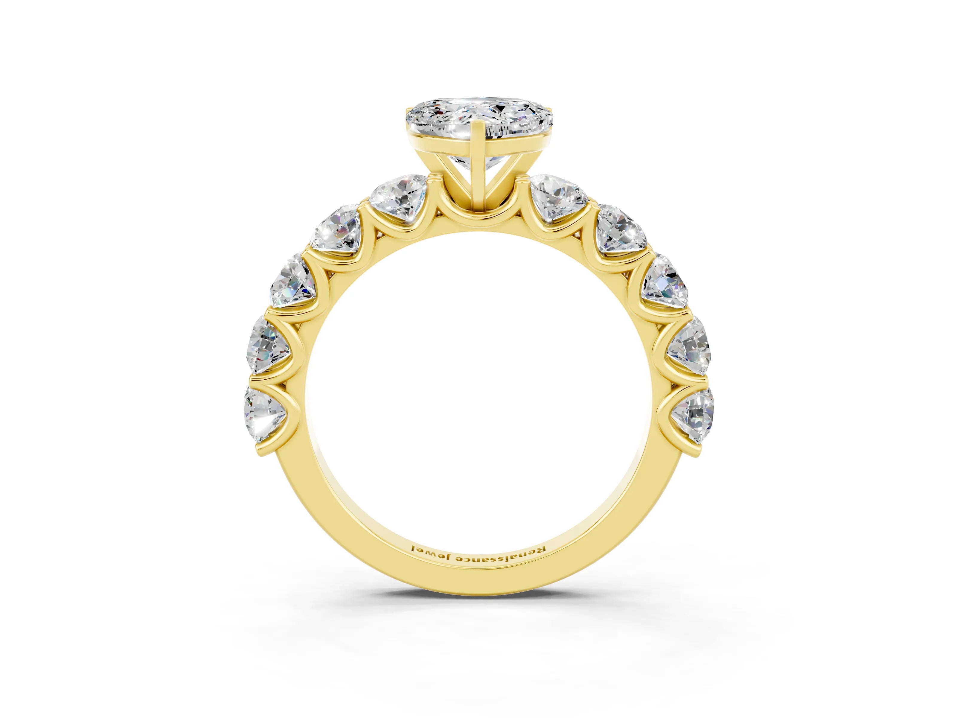 Yellow gold Heart Cut Moissanite Prong Setting with Side Stones on a Pave Band_3