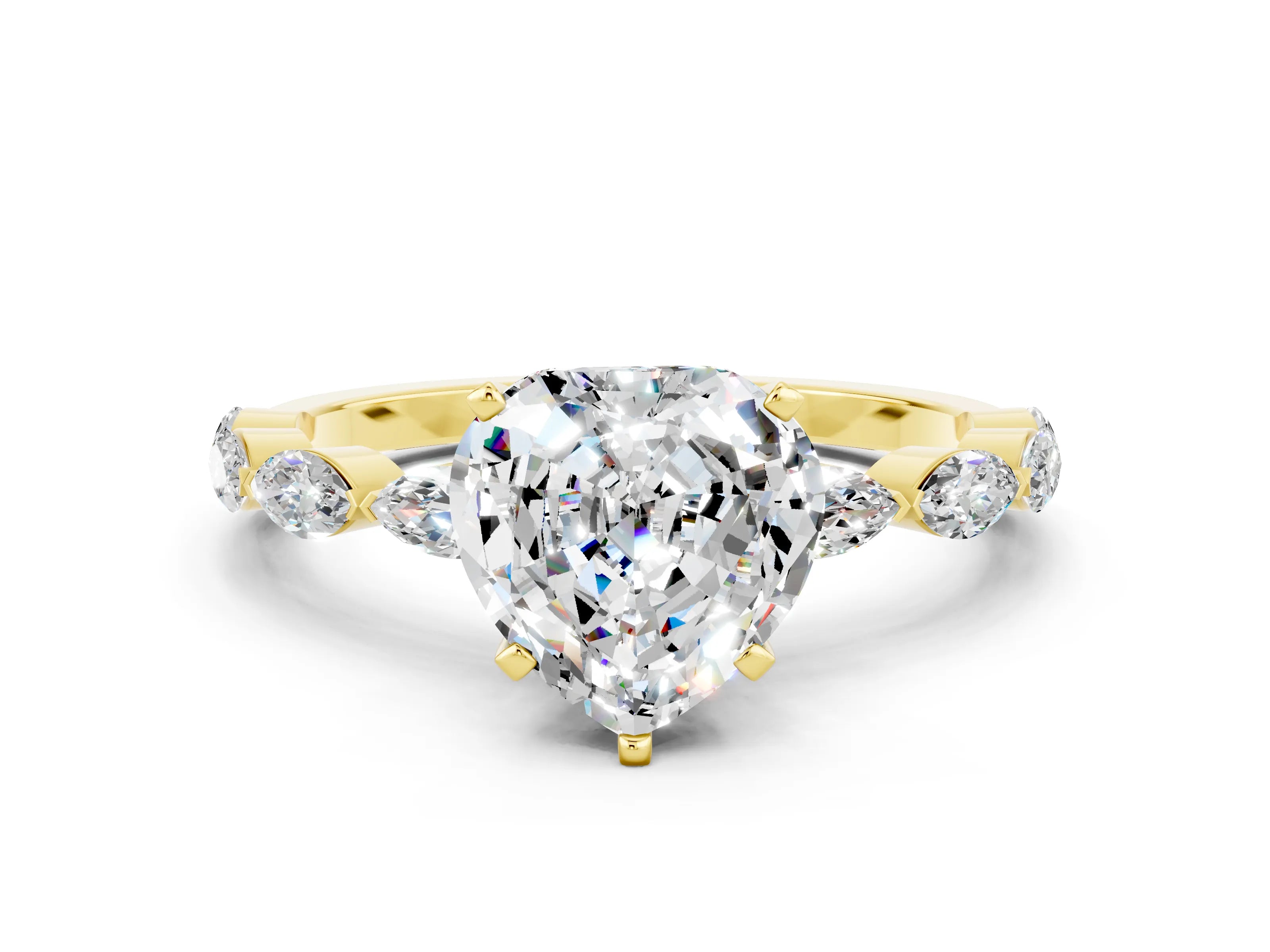 Yellow gold Heart Cut Moissanite Ring with Marquise Side Stones and Prong Setting