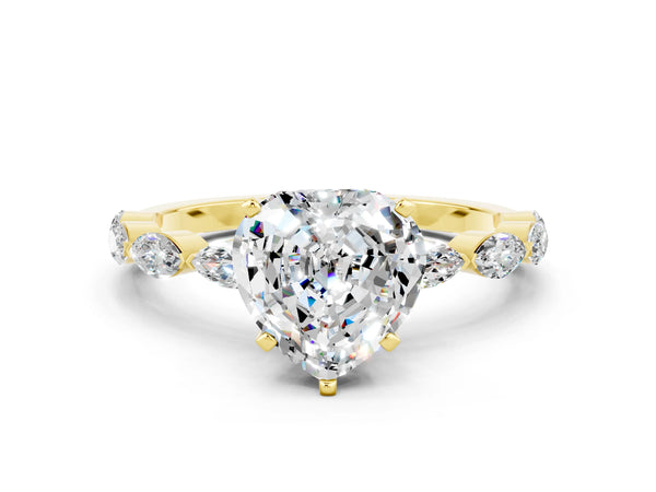 Yellow gold Heart Cut Moissanite Ring with Marquise Side Stones and Prong Setting