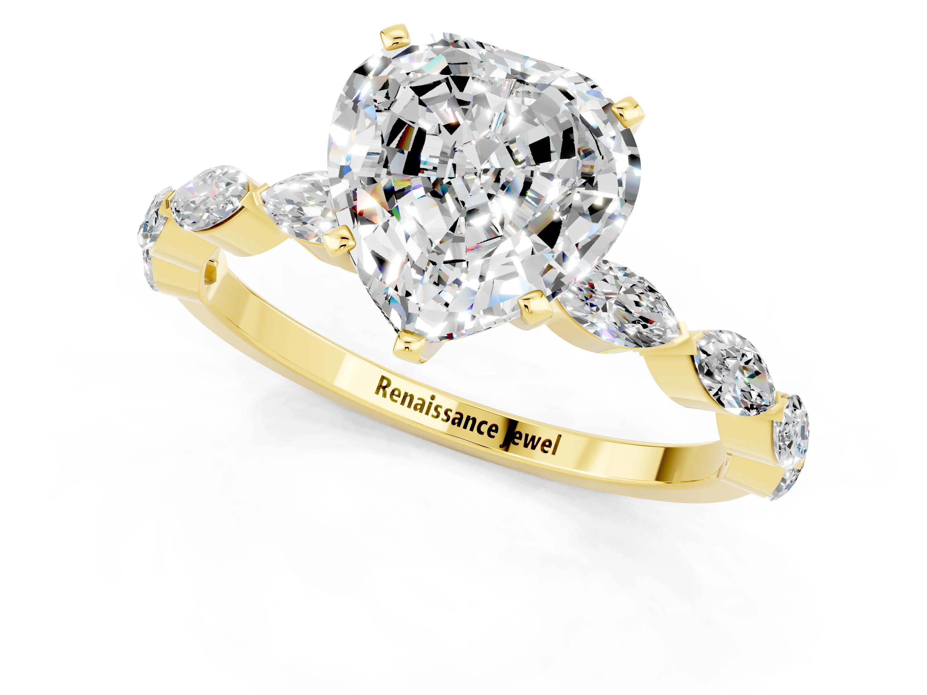 Yellow gold Heart Cut Moissanite Ring with Marquise Side Stones and Prong Setting_1