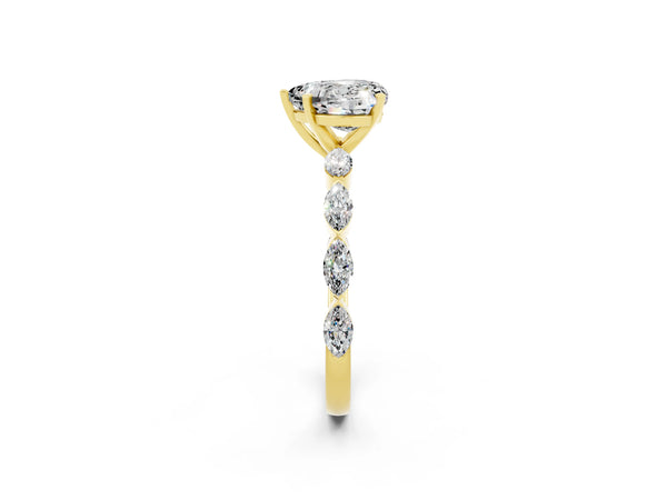 Yellow gold Heart Cut Moissanite Ring with Marquise Side Stones and Prong Setting