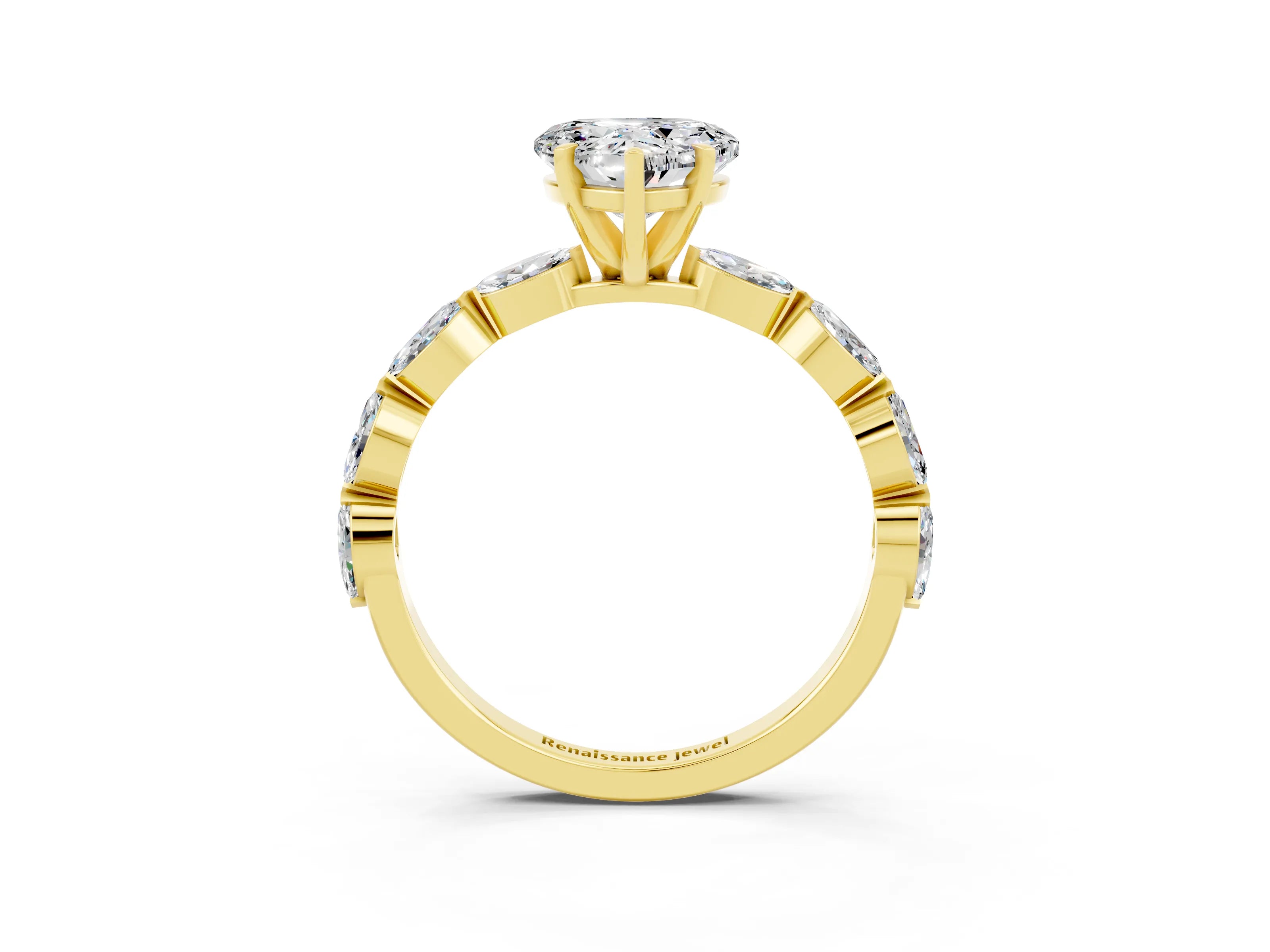 Yellow gold Heart Cut Moissanite Ring with Marquise Side Stones and Prong Setting_3