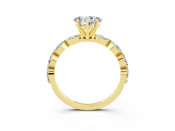 Yellow gold Heart Cut Moissanite Ring with Marquise Side Stones and Prong Setting