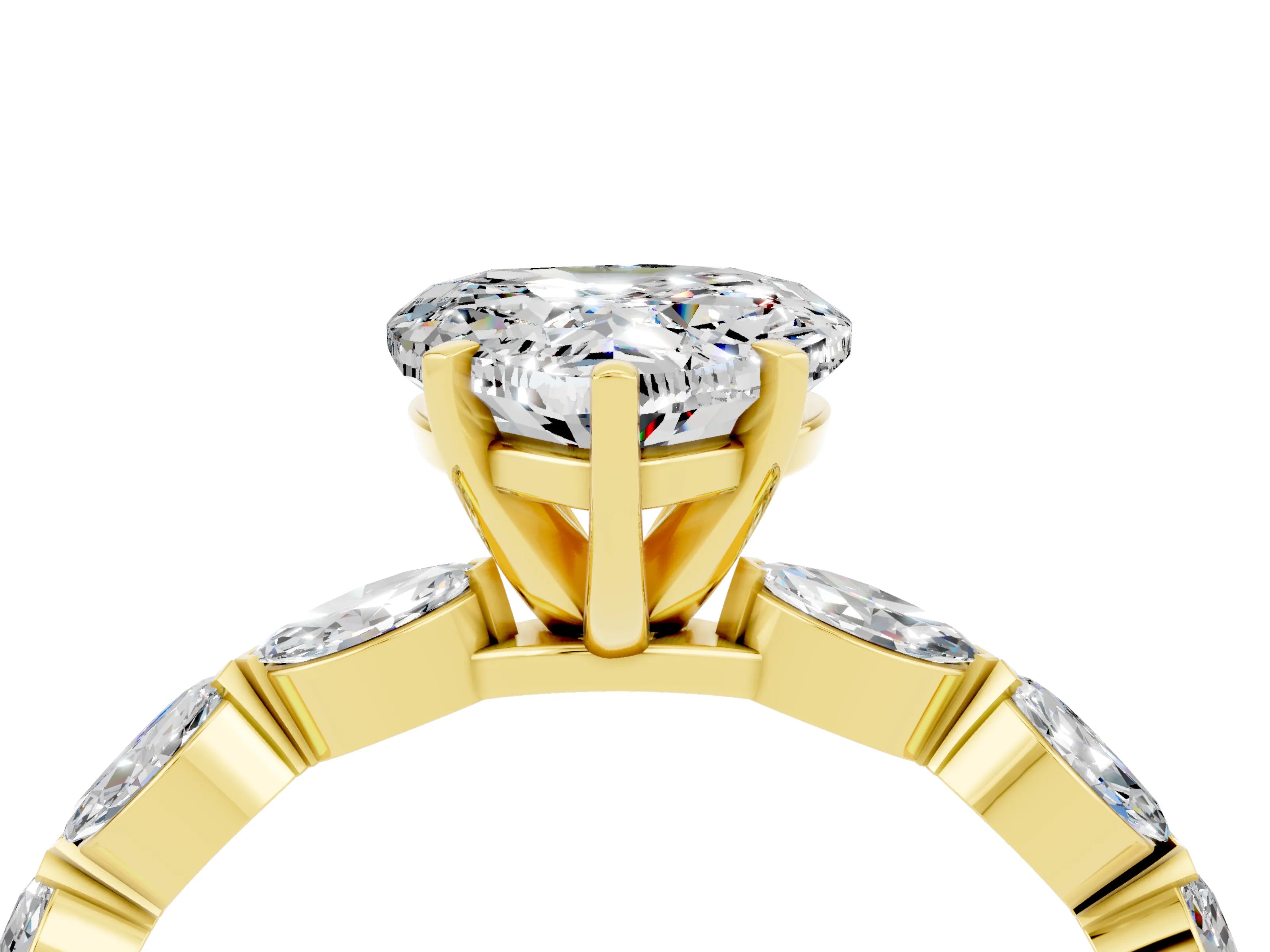 Yellow gold Heart Cut Moissanite Ring with Marquise Side Stones and Prong Setting_4