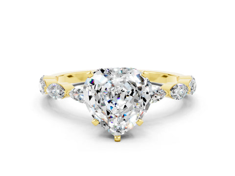 Yellow gold Heart Cut Moissanite Ring with Marquise Side Stones and Prong Setting