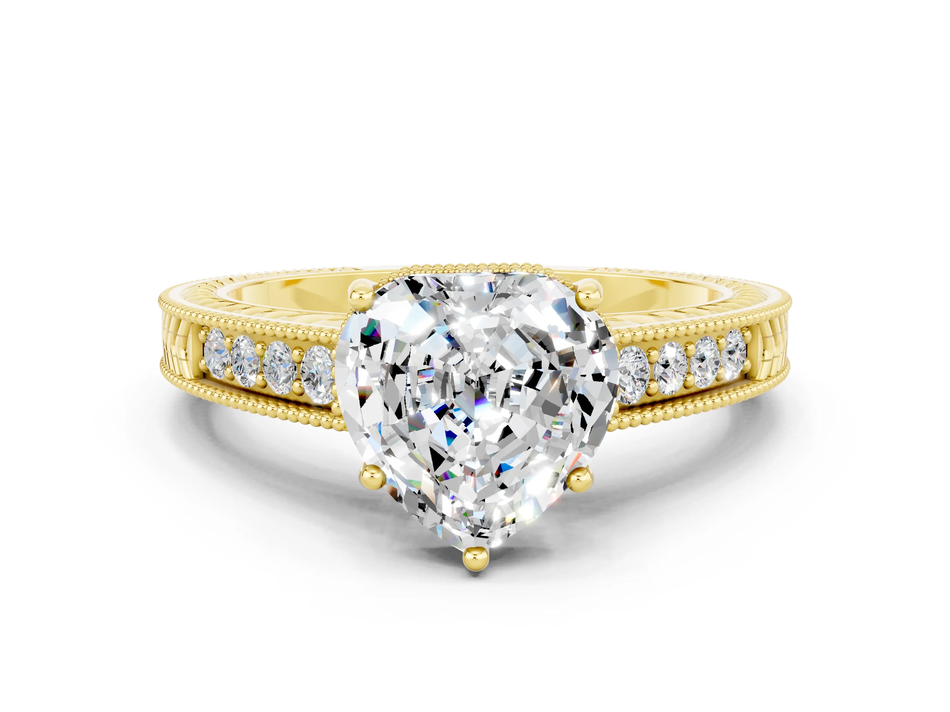 Yellow gold Heart Cut Moissanite Ring with Milgrain Pavé Band and Four-Prong Setting_12
