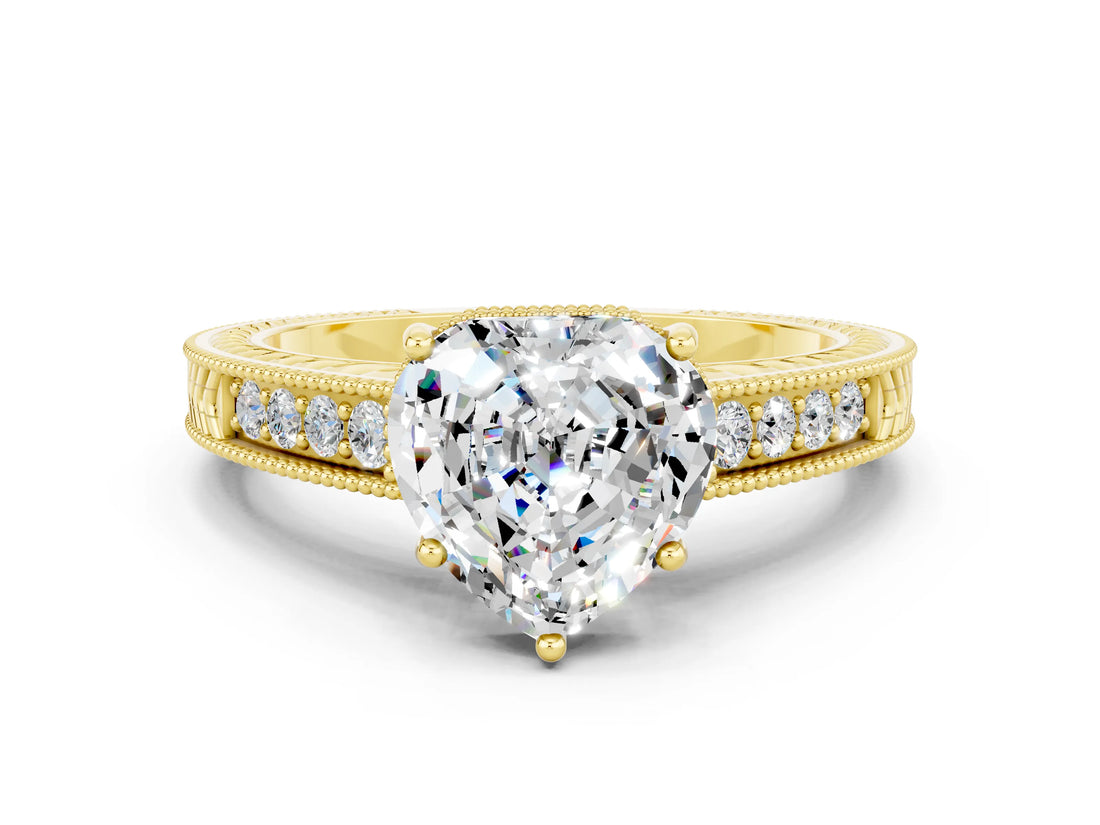 Yellow gold Heart Cut Moissanite Ring with Milgrain Pavé Band and Four-Prong Setting_12