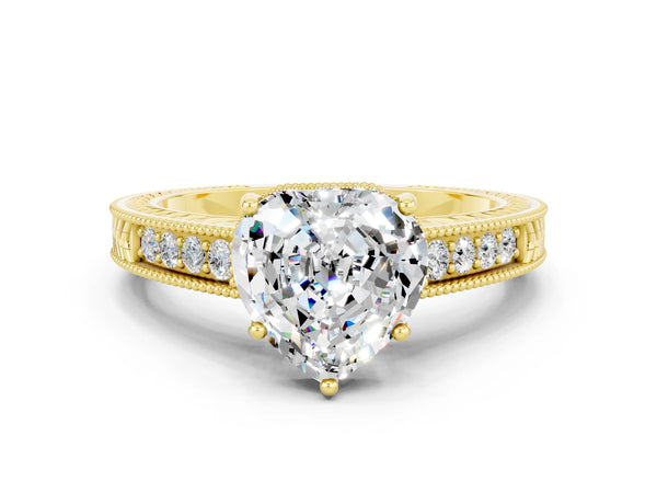 Yellow gold Heart Cut Moissanite Ring with Milgrain Pavé Band and Four-Prong Setting