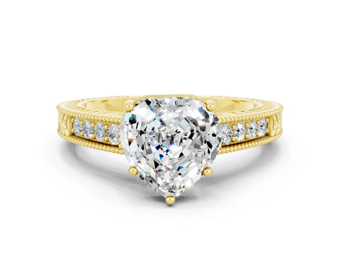 Yellow gold Heart Cut Moissanite Ring with Milgrain Pavé Band and Four-Prong Setting_12