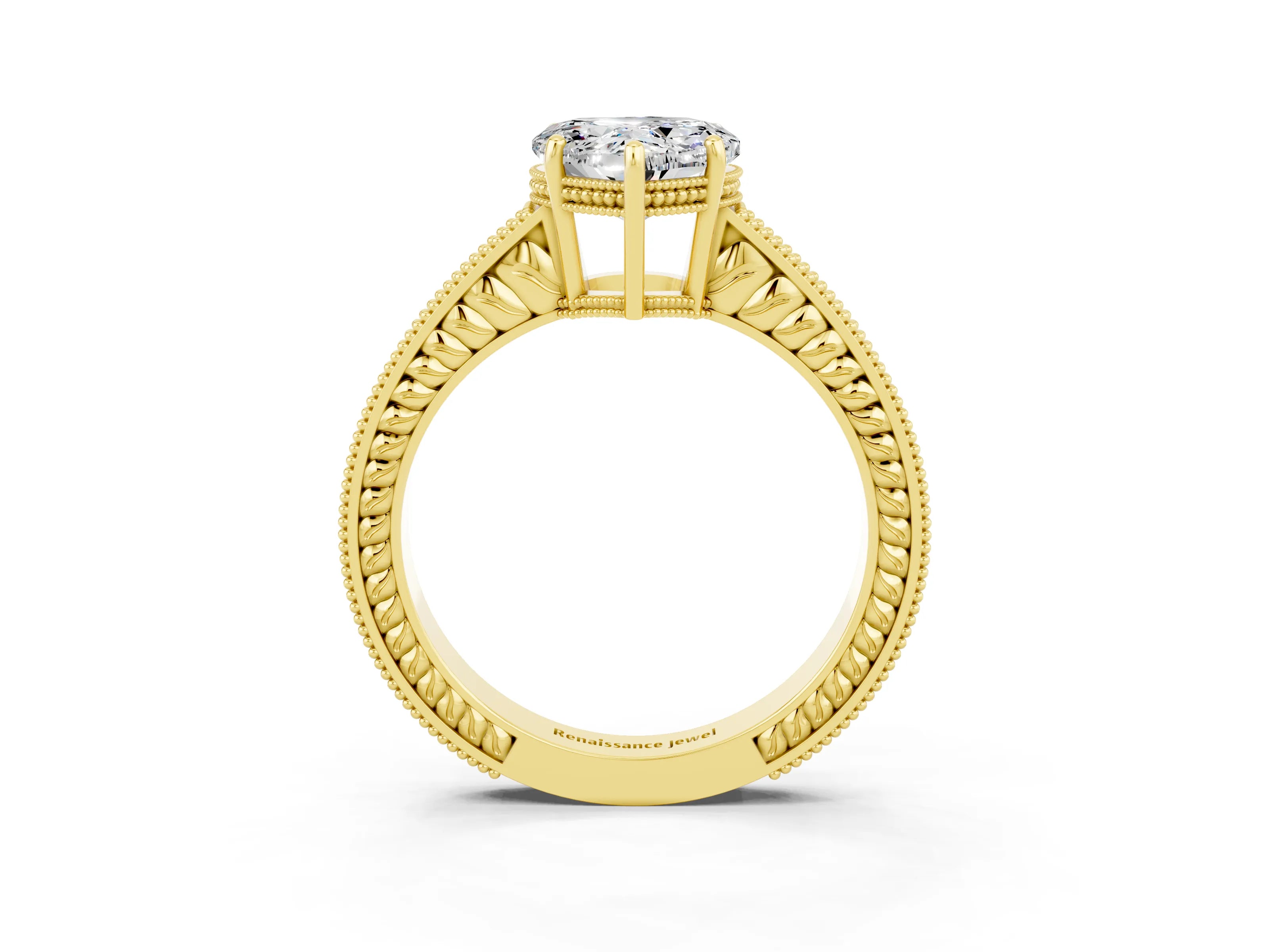 Yellow gold Heart Cut Moissanite Ring with Milgrain Pavé Band and Four-Prong Setting_15