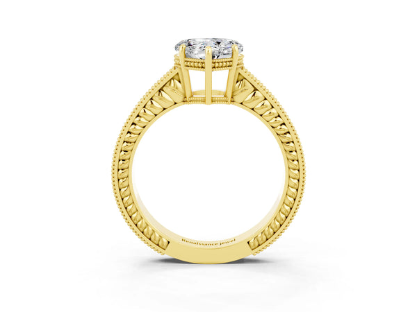 Yellow gold Heart Cut Moissanite Ring with Milgrain Pavé Band and Four-Prong Setting