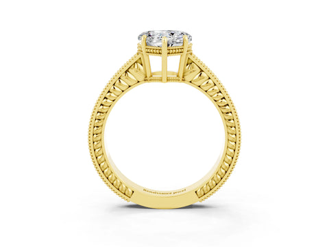 Yellow gold Heart Cut Moissanite Ring with Milgrain Pavé Band and Four-Prong Setting_15