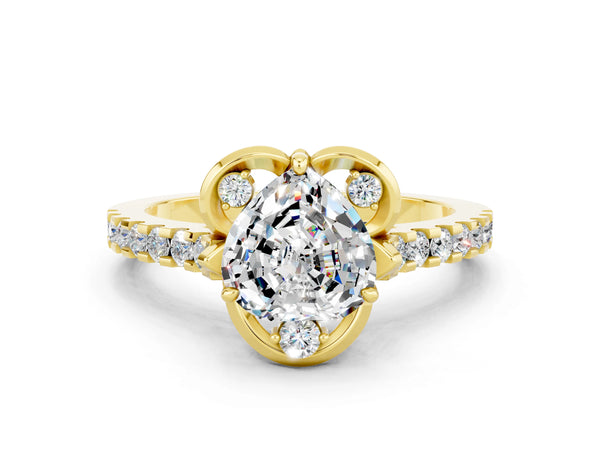 Yellow gold Heart Cut Moissanite Ring with Pavé Band and Floral Prong Setting
