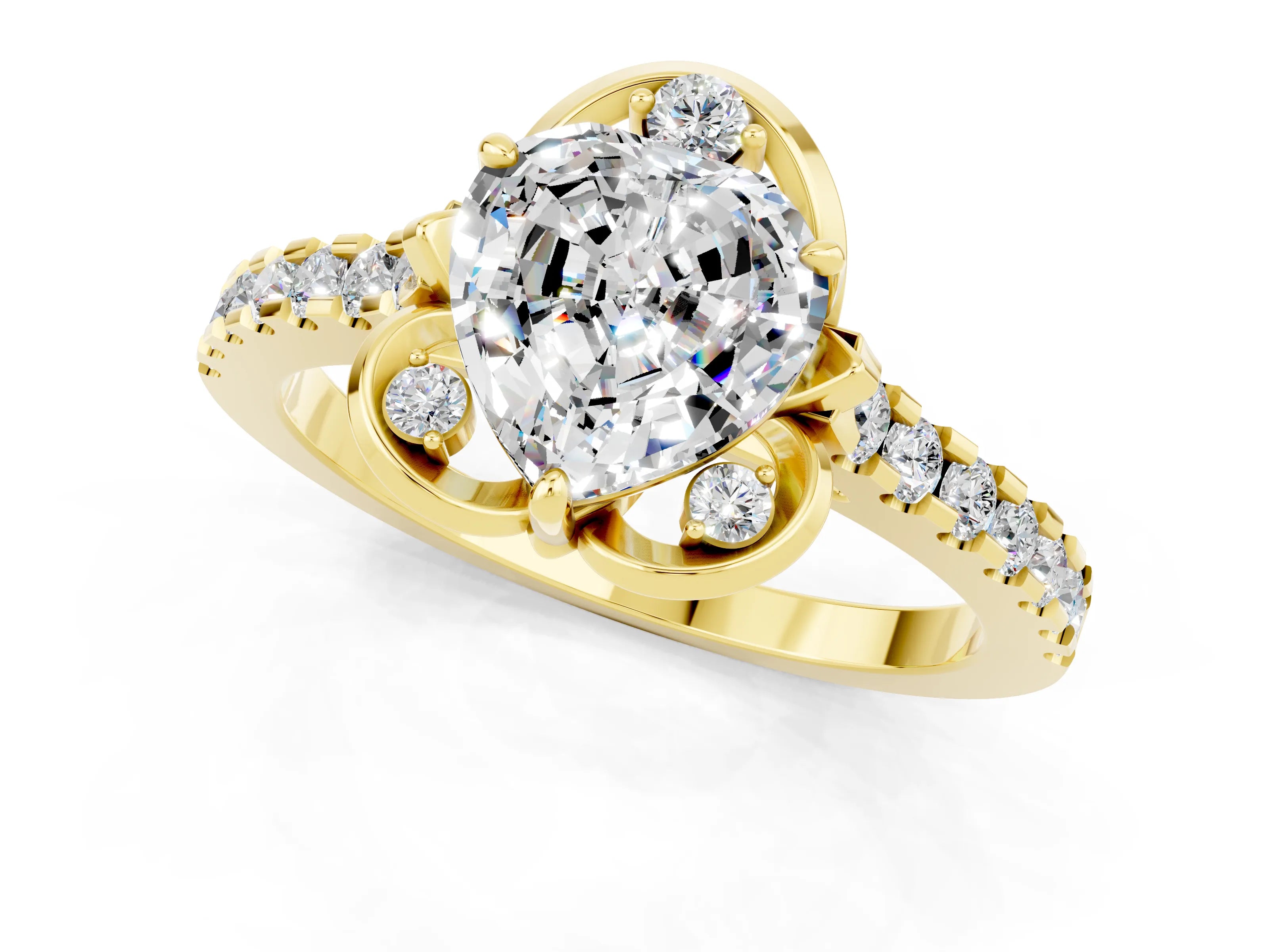 Yellow gold Heart Cut Moissanite Ring with Pavé Band and Floral Prong Setting_1