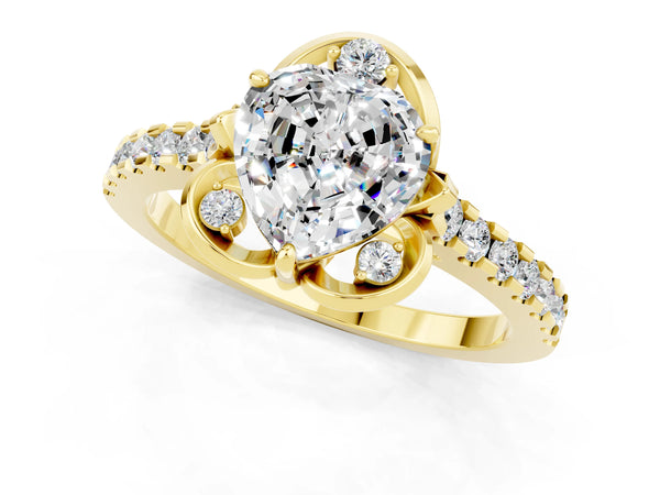 Yellow gold Heart Cut Moissanite Ring with Pavé Band and Floral Prong Setting
