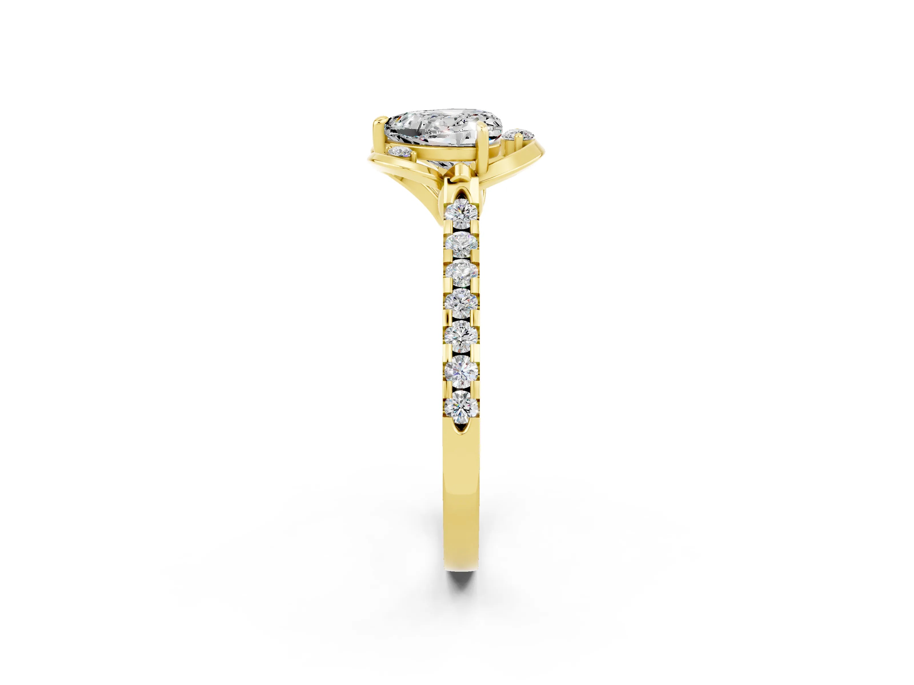 Yellow gold Heart Cut Moissanite Ring with Pavé Band and Floral Prong Setting_2