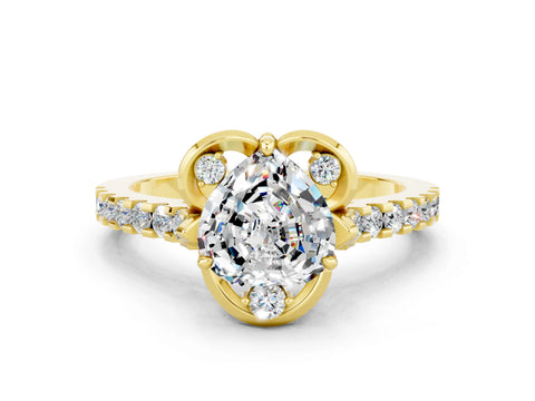Yellow gold Heart Cut Moissanite Ring with Pavé Band and Floral Prong Setting