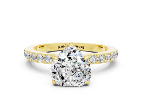 Yellow gold Heart Cut Moissanite Ring with Pavé Band and Four-Prong Setting