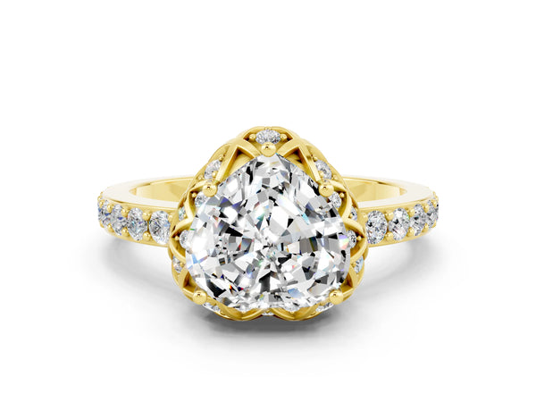Yellow gold Heart Cut Moissanite Scalloped Halo Engagement Ring with Round Shared Prong Band