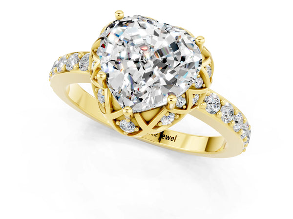 Yellow gold Heart Cut Moissanite Scalloped Halo Engagement Ring with Round Shared Prong Band