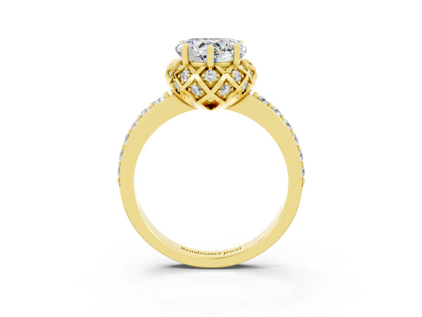 Yellow gold Heart Cut Moissanite Scalloped Halo Engagement Ring with Round Shared Prong Band