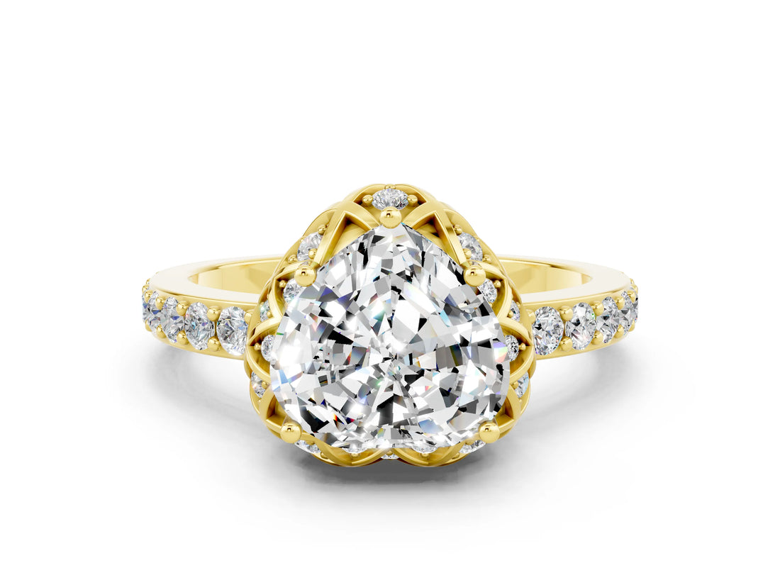 Yellow gold Heart Cut Moissanite Scalloped Halo Engagement Ring with Round Shared Prong Band_24