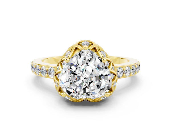Yellow gold Heart Cut Moissanite Scalloped Halo Engagement Ring with Round Shared Prong Band