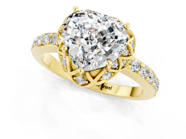 Yellow gold Heart Cut Moissanite Scalloped Halo Engagement Ring with Round Shared Prong Band