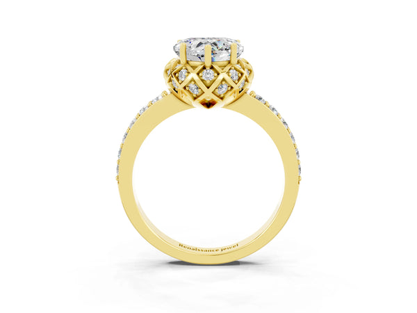 Yellow gold Heart Cut Moissanite Scalloped Halo Engagement Ring with Round Shared Prong Band