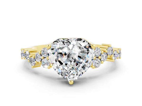 Yellow gold Heart Cut Moissanite Scattered Round Accent Ring with Prong Setting