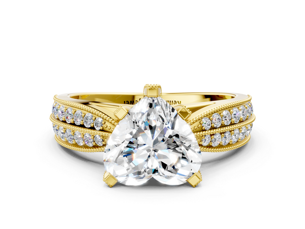 Yellow gold Heart Cut Moissanite   Solitaire Diamond Ring with Milgrain Pavé Band and Four-Prong Setting
