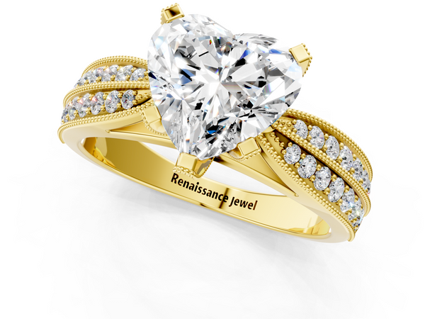 Yellow gold Heart Cut Moissanite   Solitaire Diamond Ring with Milgrain Pavé Band and Four-Prong Setting